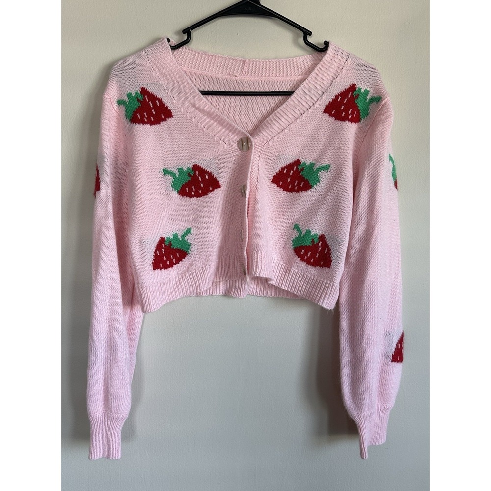 Strawberry Pink Cardigan Sweater Women's Small Boho Whimsy Fairy Cottage‎ Barbie